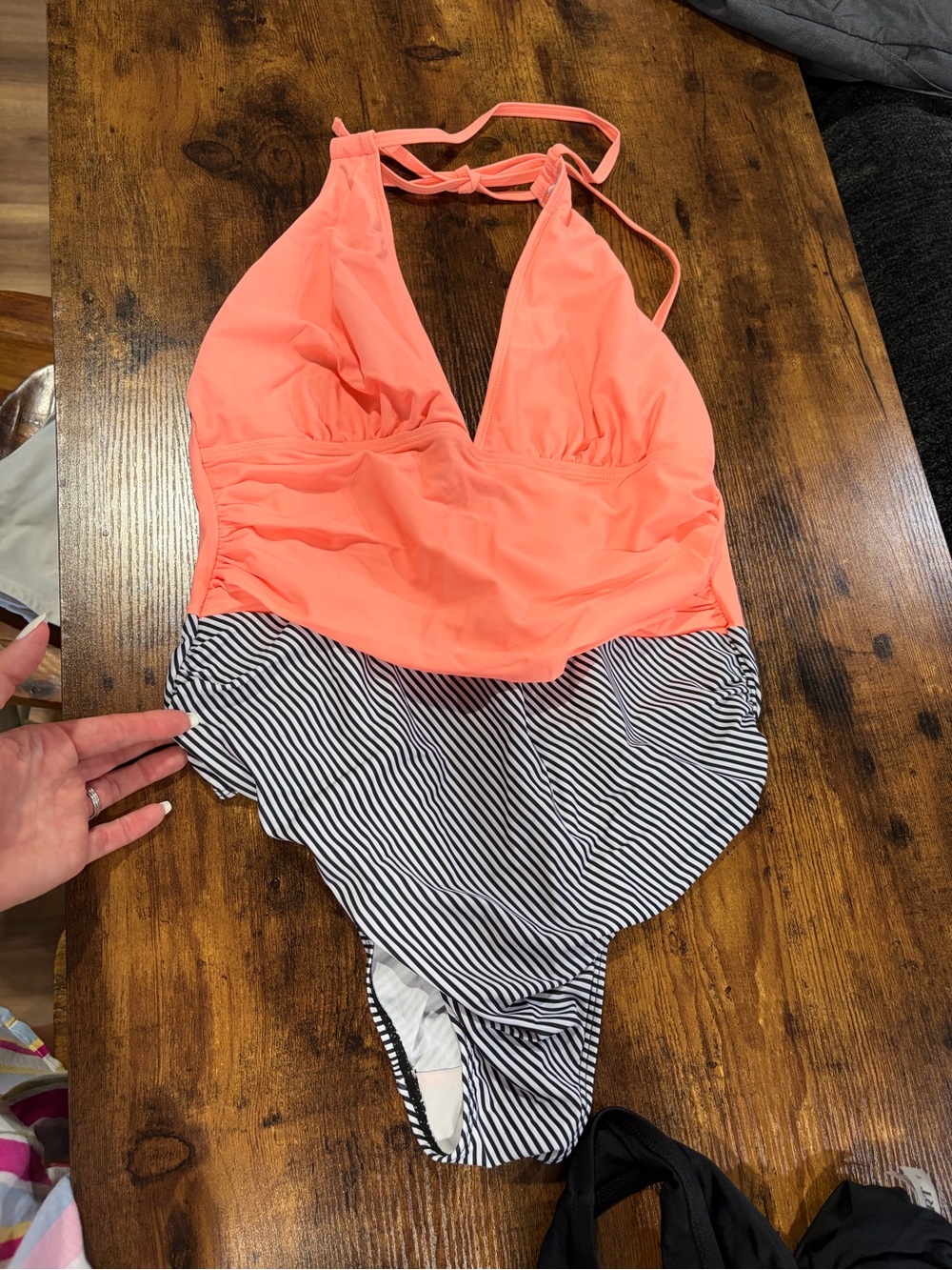 Coral Halter One-Piece Swimsuit with Stripe Skirt